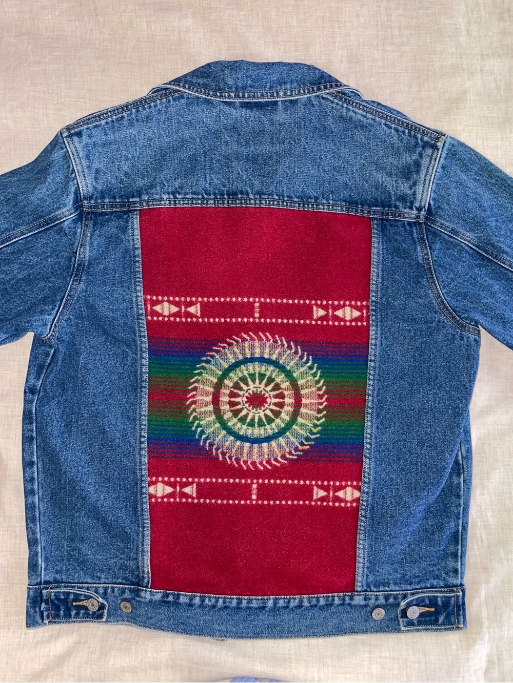 Pendleton Denim Jean Jacket Wool Aztec Geometric Panel Patch